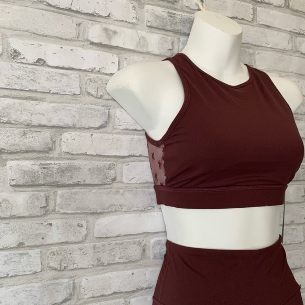 Burgundy Round Neck Star Mesh Sports Bra - Picture 2 of 8